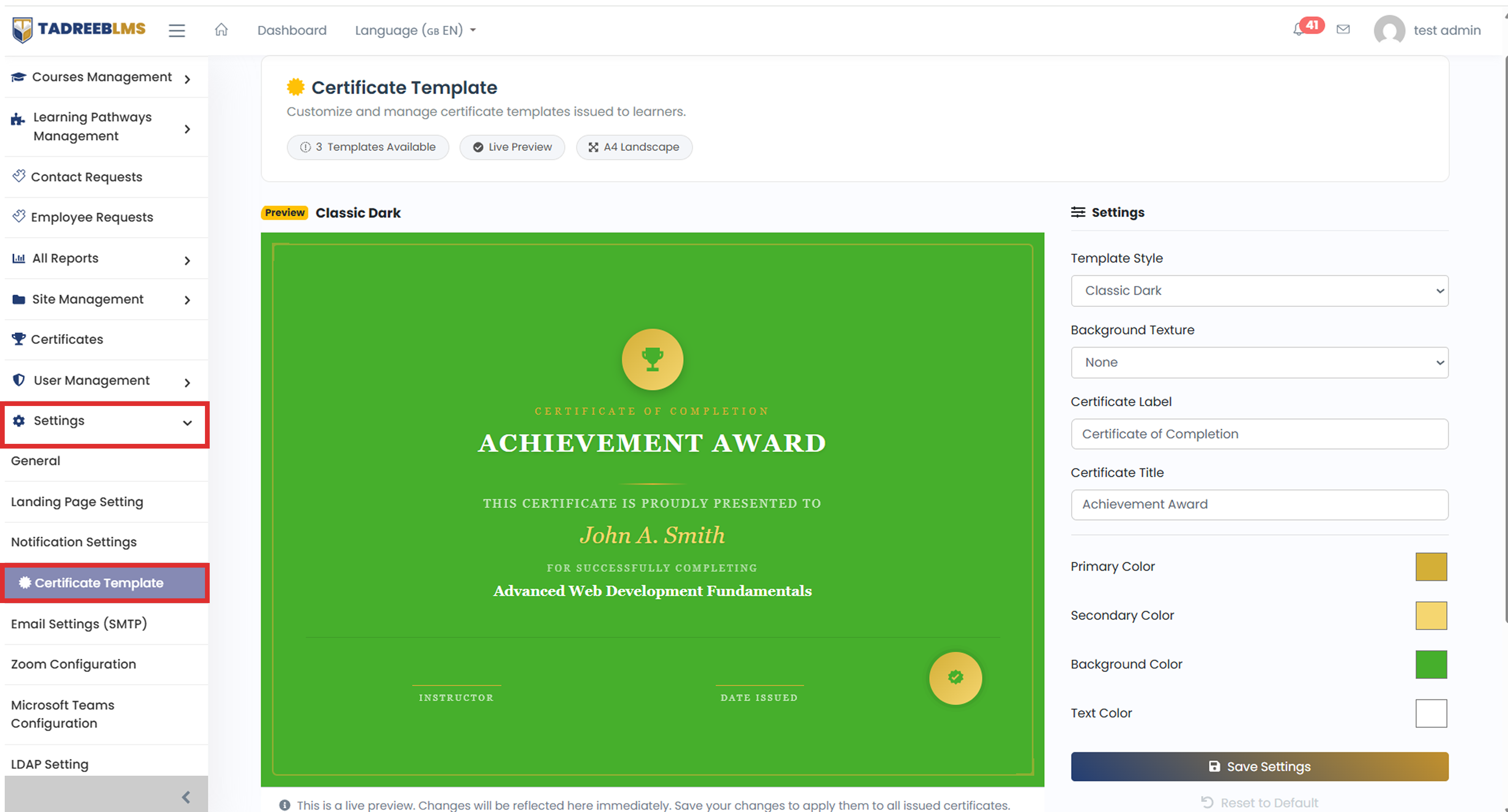 Certificate Template screenshot