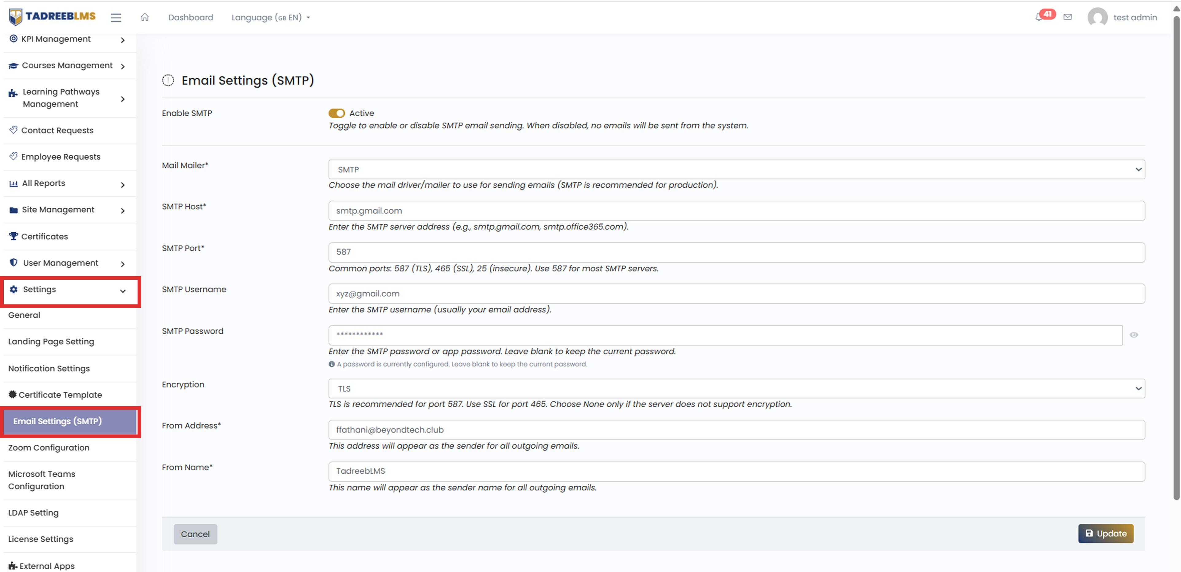 Email Settings screenshot