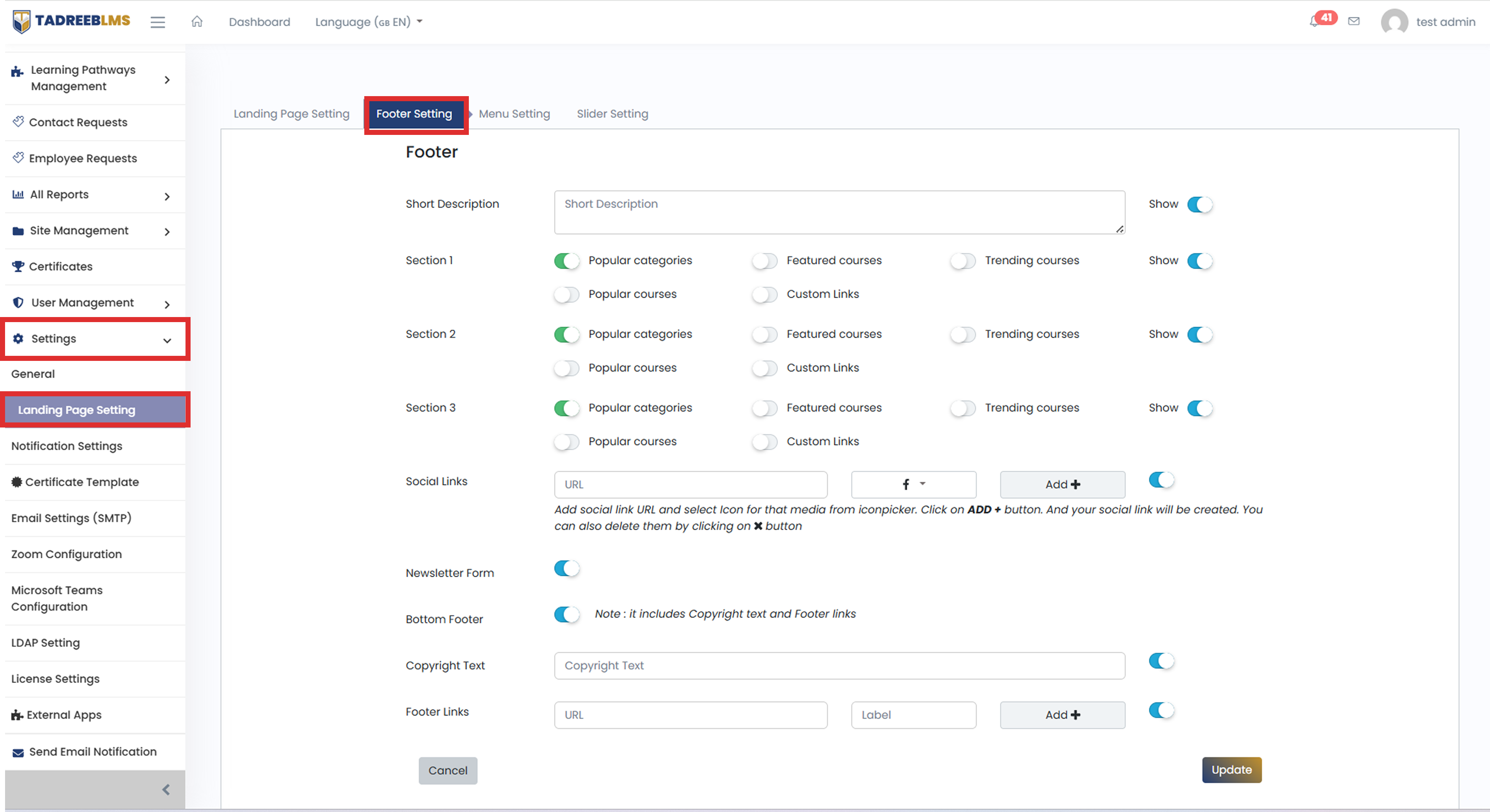 Footer Setting screenshot