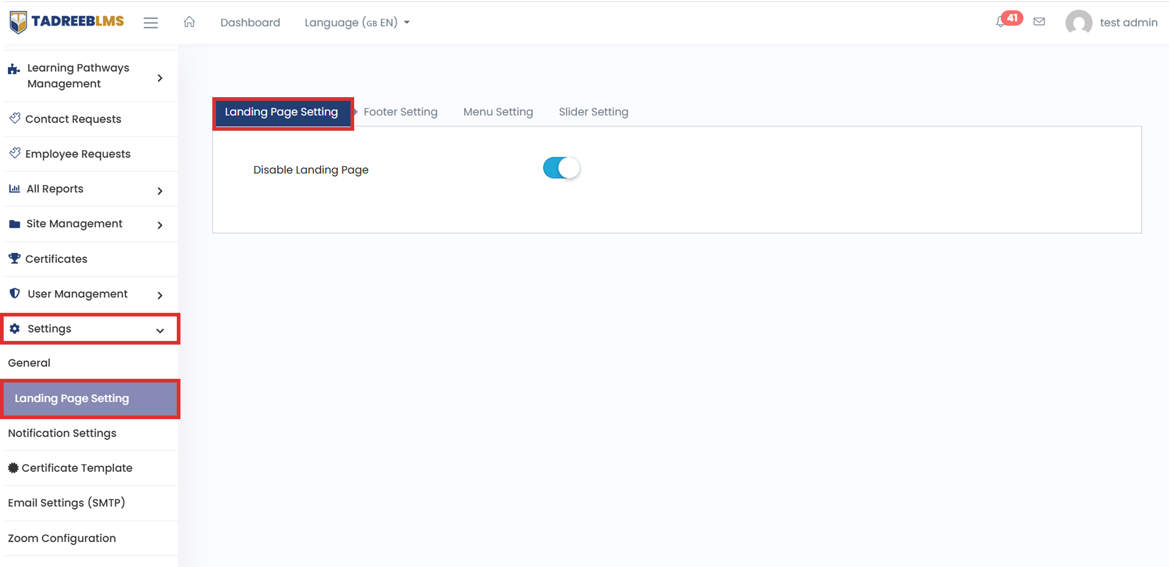 Landing Page Setting screenshot