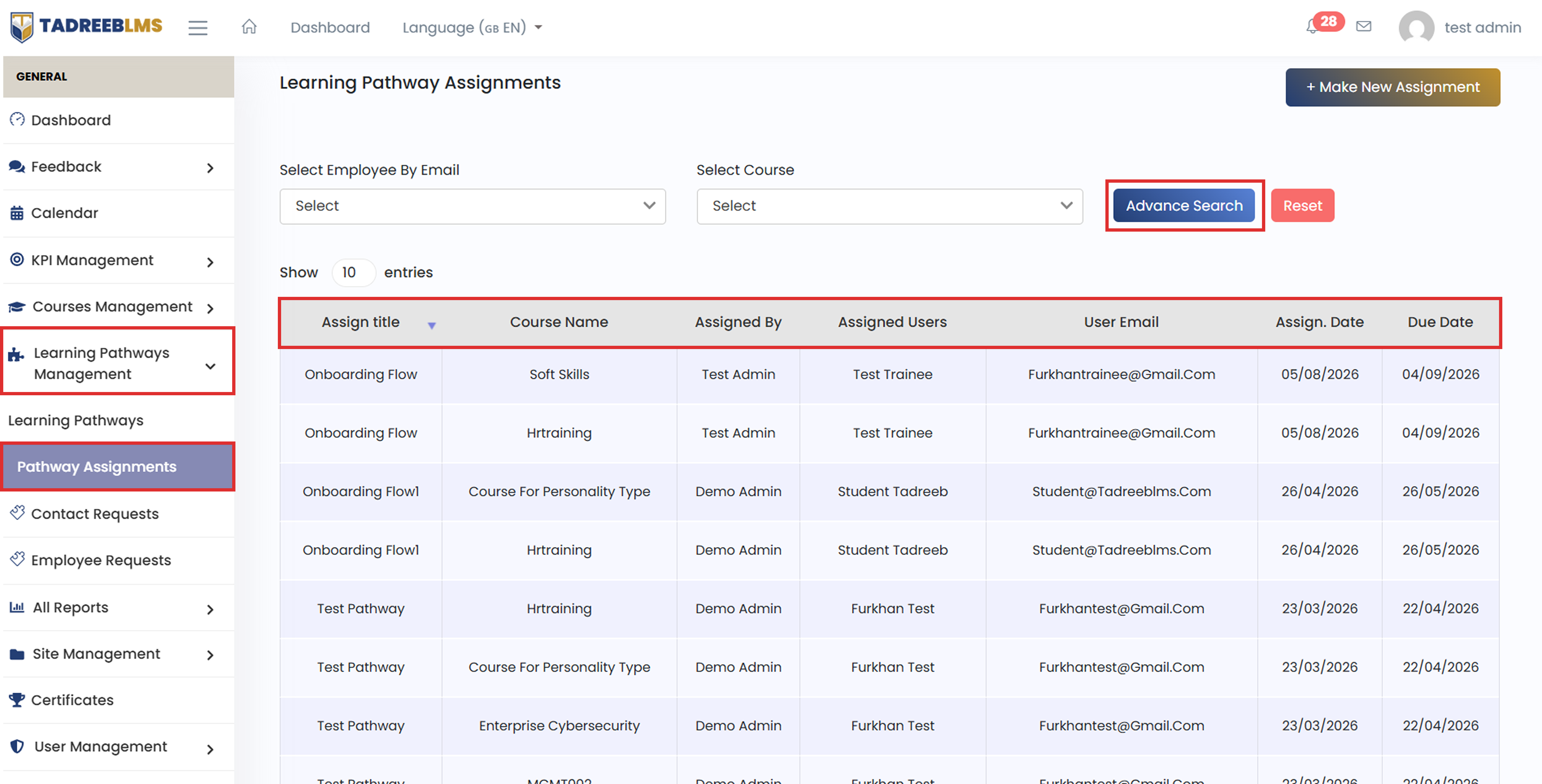 Learning Pathway Assignments Page screenshot