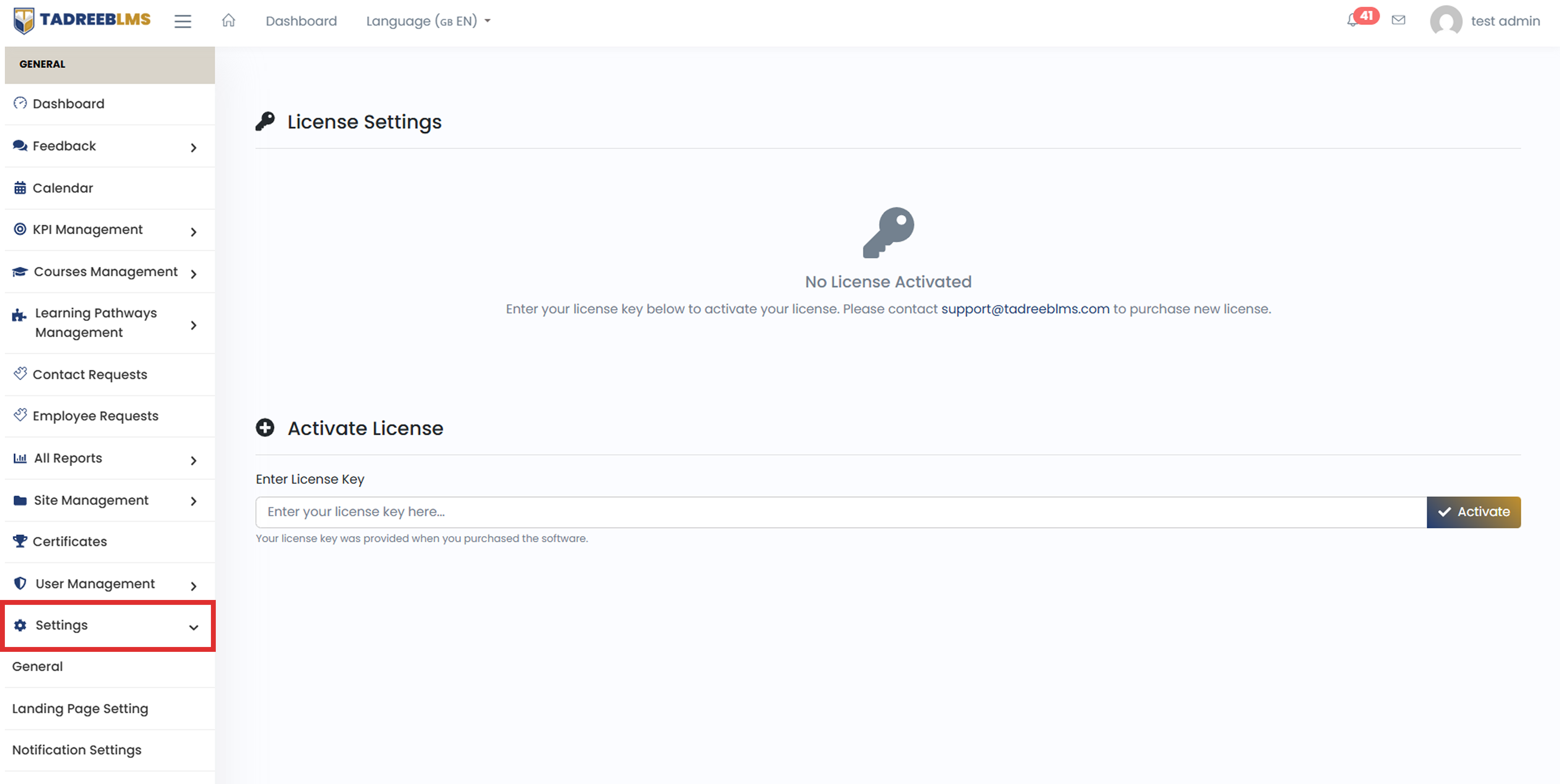 License Settings screenshot