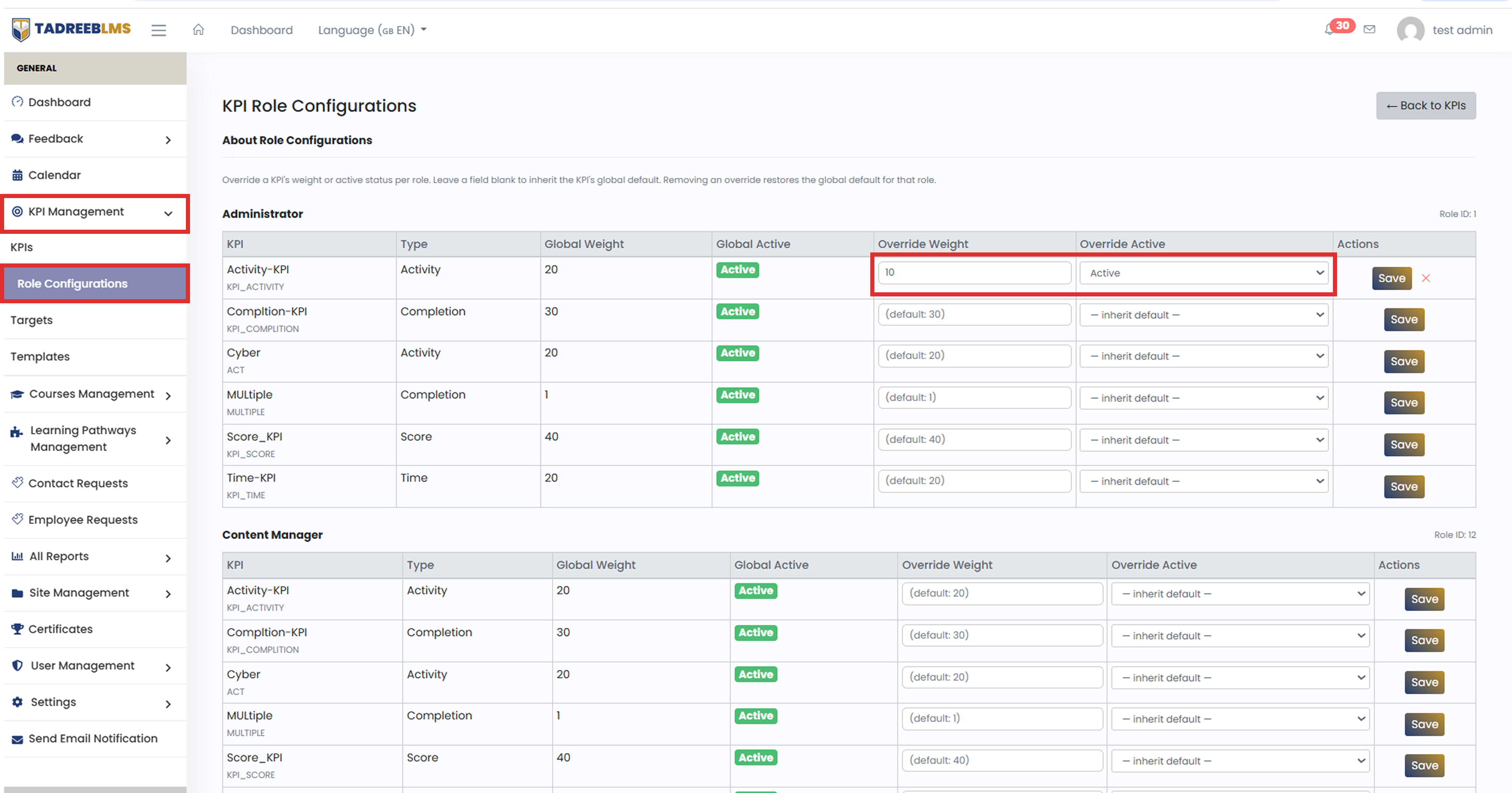 Save Role Specific KPI Override screenshot