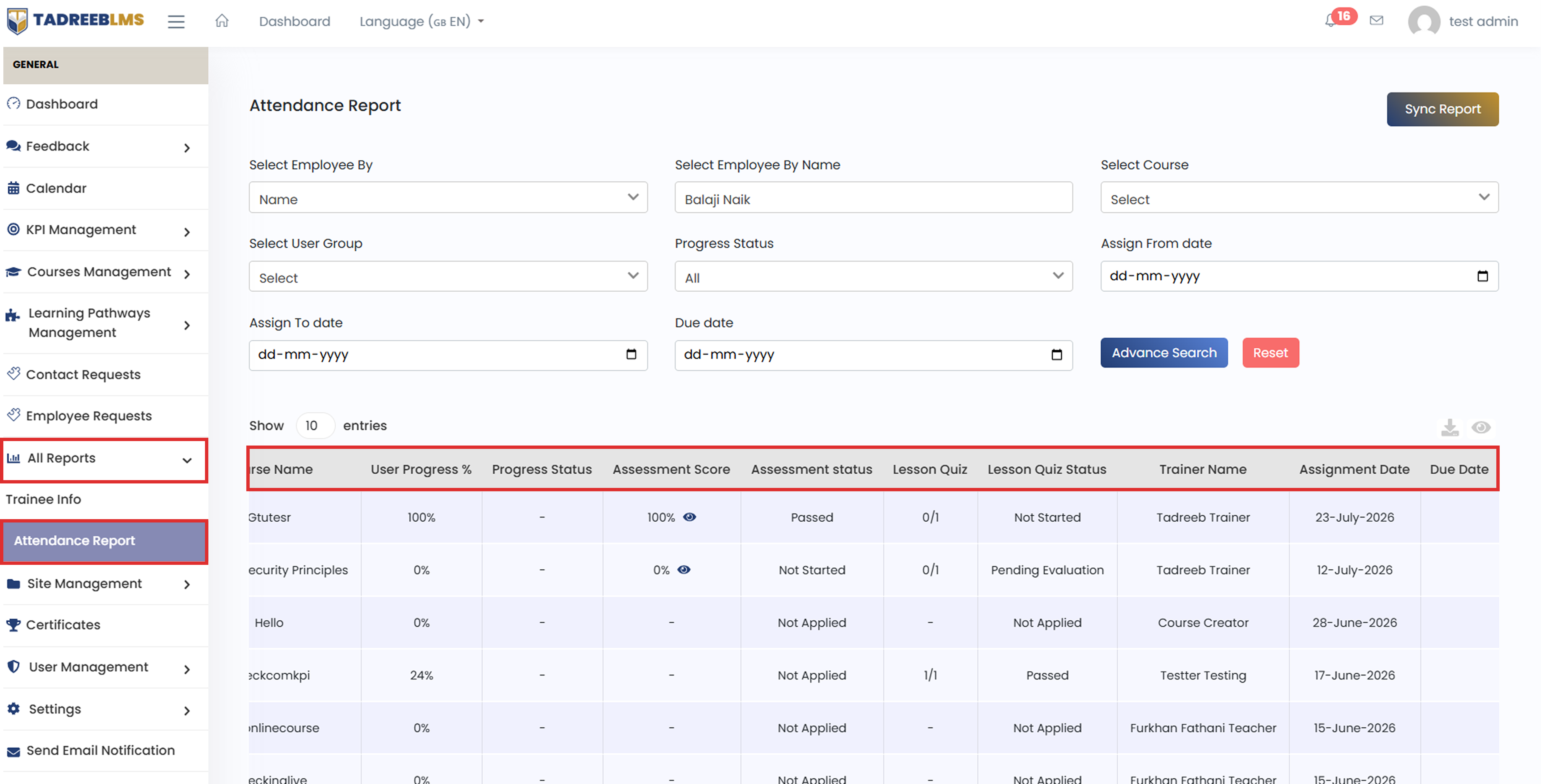 Attendance Report table screenshot
