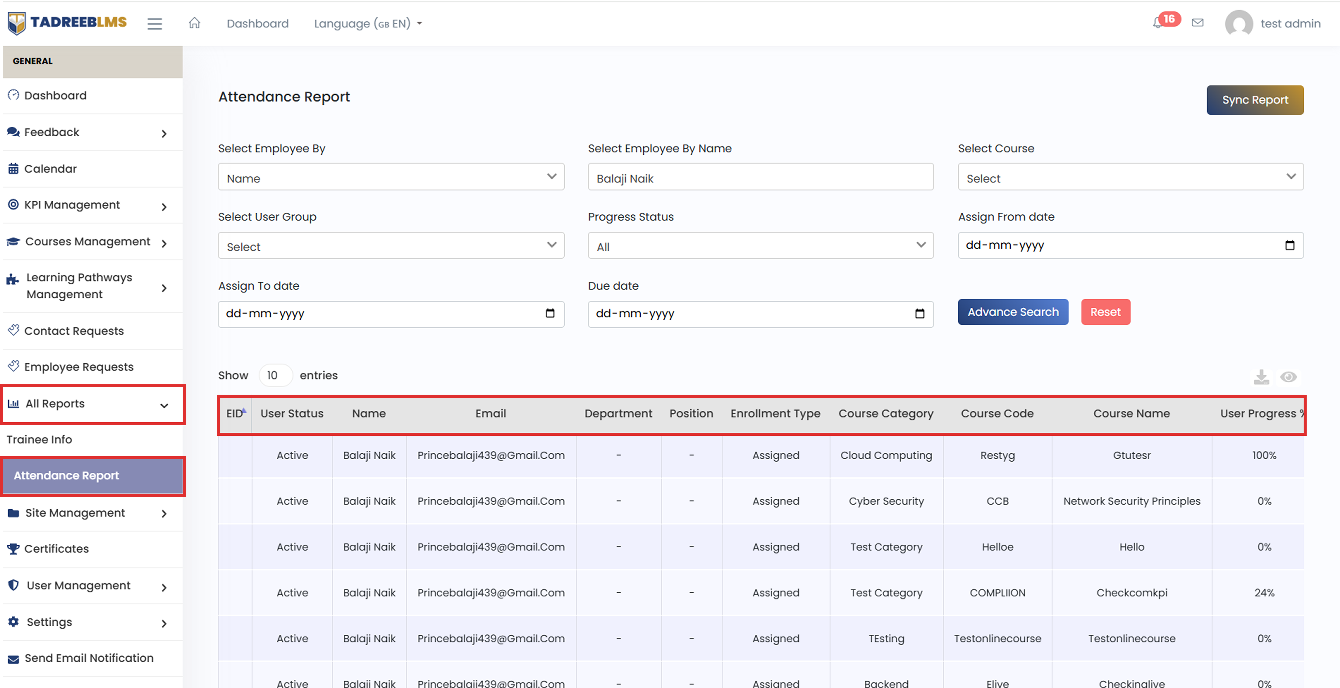 Attendance Report table screenshot