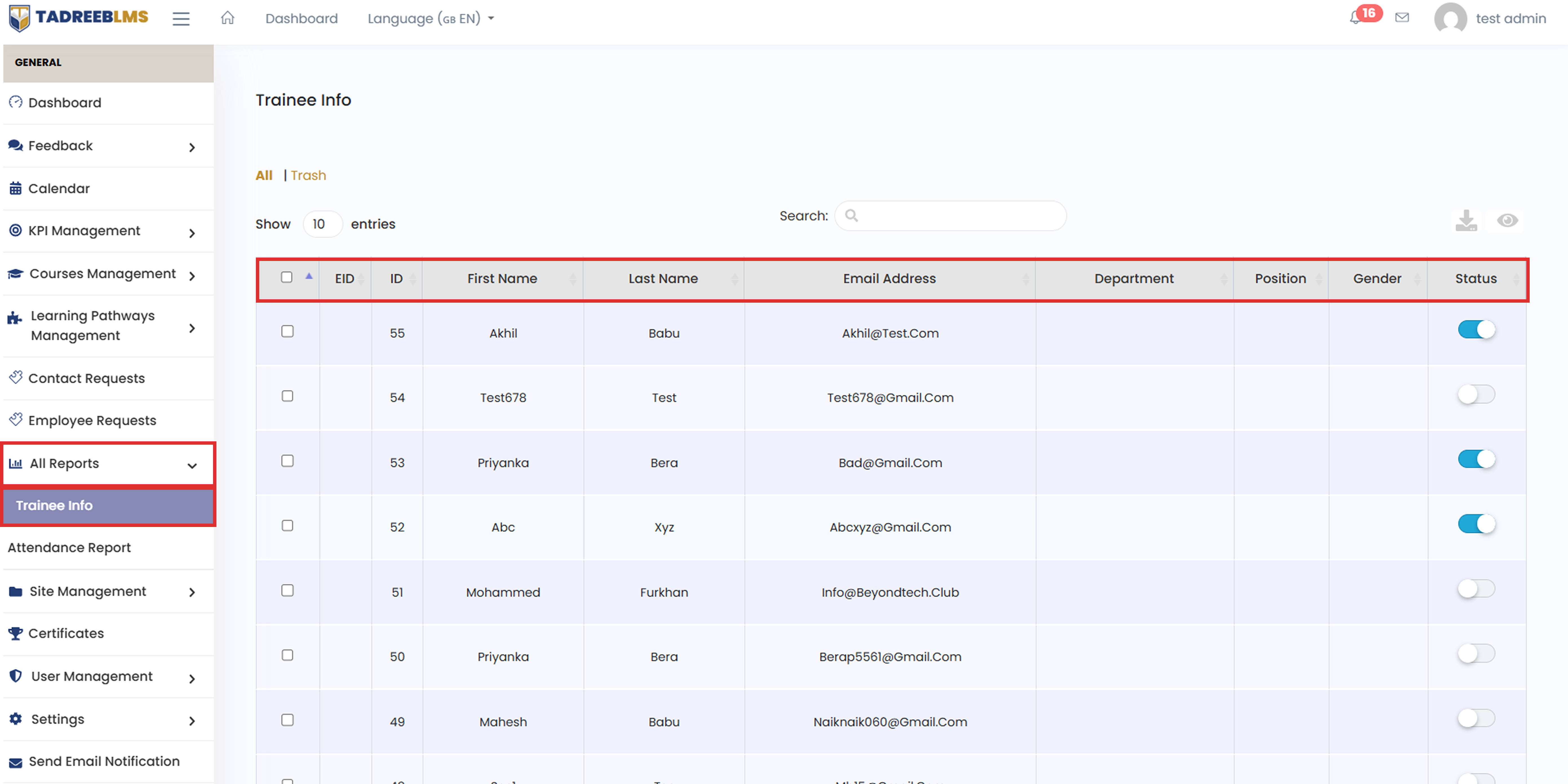 Trainee Info screenshot